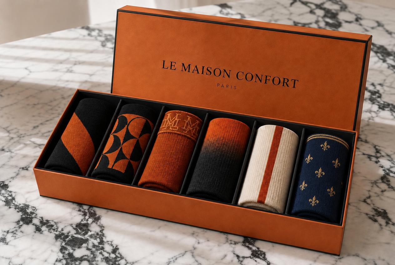 Le Maison Confort orange coffret with six pairs of socks